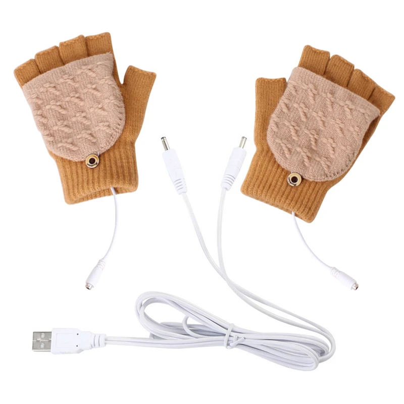 USB Heated Gloves Wool Knit Thickened Stretch Half Finger Flip Cover Foldable Mittens Warm Battery Powered Heating Unisex Gloves - Цвет: Хаки