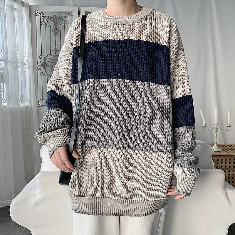 Мужской свитер с круглым вырезом, теплый, модный, контрастный цвет, Повседневный, вязаный пуловер, Мужская Уличная одежда, свободные