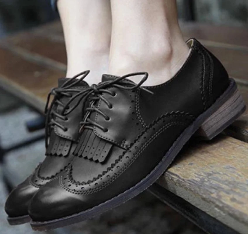 Brogue Women Pumps Spring Autumn Lace Up Low Heels Platform Ladies