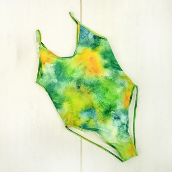 

2020 girls tie dyed yellow blue green neon one piece swimsuit sale women swimwear print wire free swimming deep v summer beach