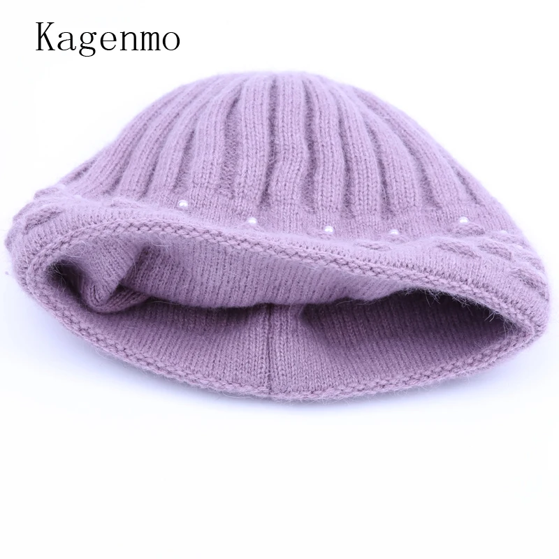 Kagenmo женская зимняя вязаная шапка, шерстяная теплая шапка с кроличьим мехом, Толстая теплая шапка для мамы