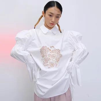 

Europe Fashion Women Shirts Spring New 2020 Cotton Ladies Blouses and Tops Embroidery Solid Color Puff Sleeve Women Clothing