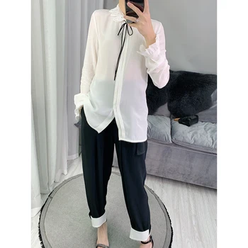 

Women's Autumn Winter White Shirt Flower Lace Collar Tie Office Ladies Long Sleeve Sweet Blouses