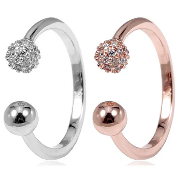 

Authentic 925 Sterling Silver Ring Rose Polished & Pave Bead Open Ring With Crystal For Women Wedding Party Gift Fine Jewelry