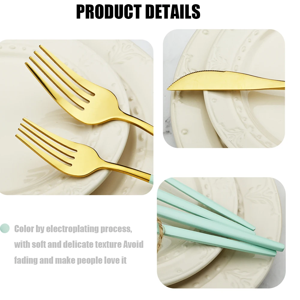 Description Picture 3 of item16pcs Stainless Steel Set Flatware Dinnerware Cutlery Mint Green Knives Fork Dessert Spoon Home Silverware Kitchen Tableware Set