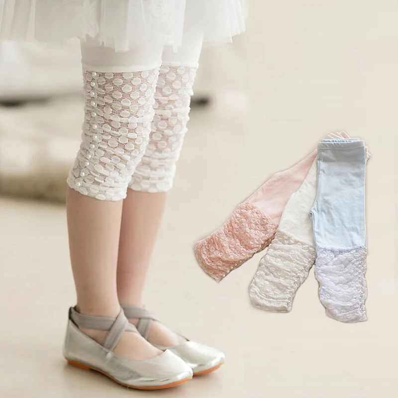 High Quality 2021 New Summer Girls Leggings Pants Lace Cotton Children Clothing Flower Girl Knee Pants