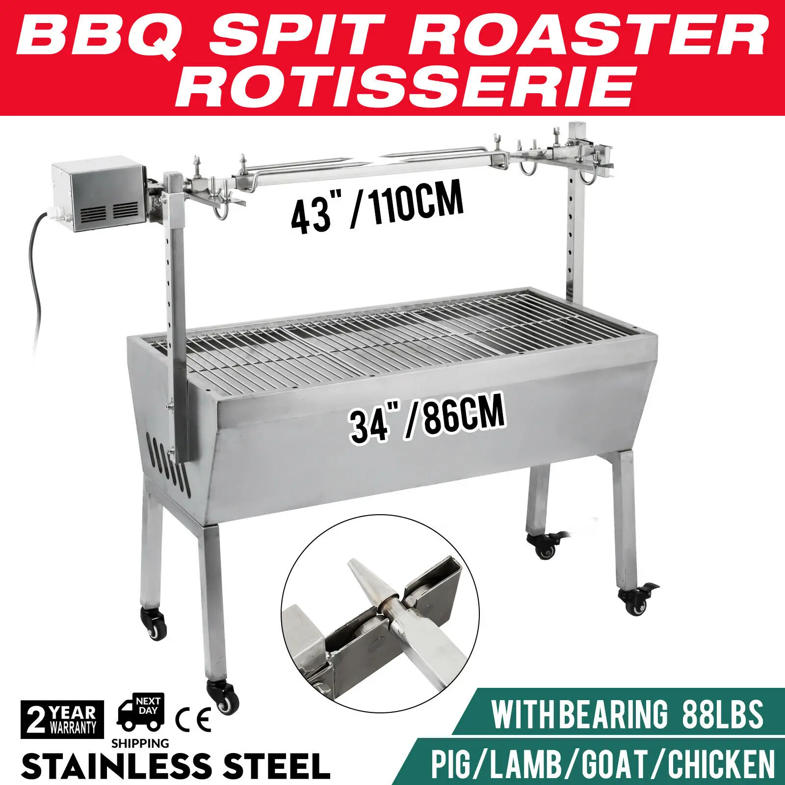 

Specially Designed 88lbs Stainless Steel BBQ pig,lamb,spit roast , pig roaster,rotisserie spit Outdoor Cooker Grill