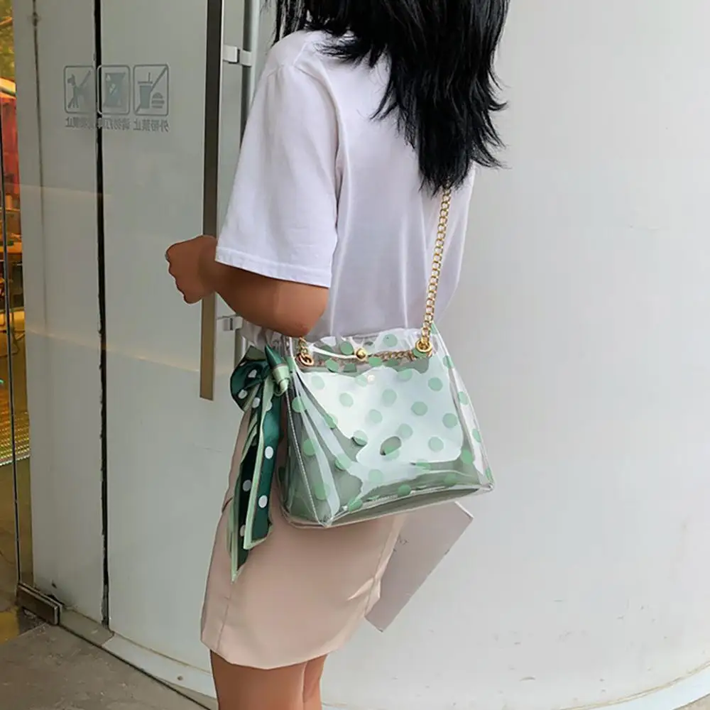 

Transparent Small Chain Bucket Bag Wave Point Bow Solid Color Metal Chain 2020 New Fashion Wild One Shoulder Messenger Bag #C3