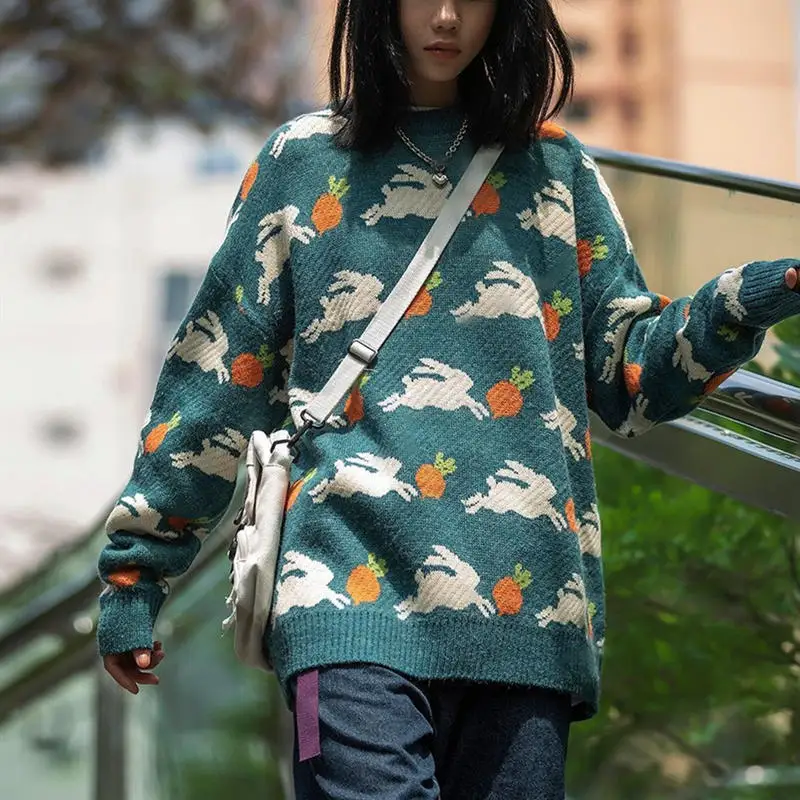 Spring Autumn Acrylic Women's Sweater Round Collar Long Sleeve Pullover Knitted Cartoon Print Couples Fashion Casual | Женская