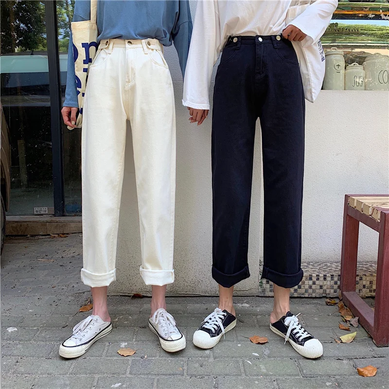 Xuan Ya Retro High Waist Jeans Women's Beige White Loose Straight-leg Wide-leg Pants Daddy Student Kio | Женская одежда