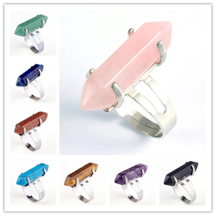 

FYJS Unique Silver Plated Amethysts Stone Hexagon Column Resizable Finger Ring Rose Pink Quartz Jewelry