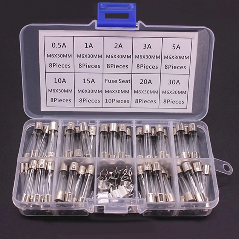 Tubo de vidro para carro, 100/72 peças fugas de vidro 0.2-20a 0.5-30a kit sortido para inflador de luz de carro aspirador de pó