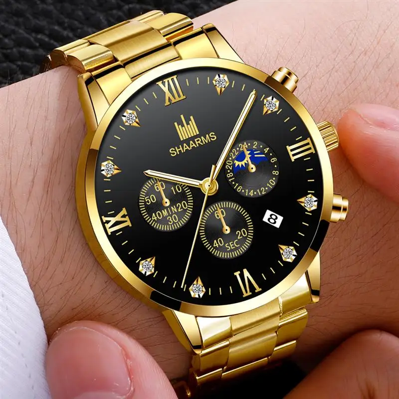 Shaarms Mens Watches Luxury Alloy Case Roman Numeral Display Date Dial Quartz Wristwatch Casual Business Watch Man Clock
