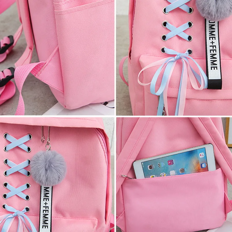 Adisputent Для женщин модная легкая с помпонами и украшения для рюкзака из четырех единиц девочка школьная сумка, коллежд ветер рюкзак пачки