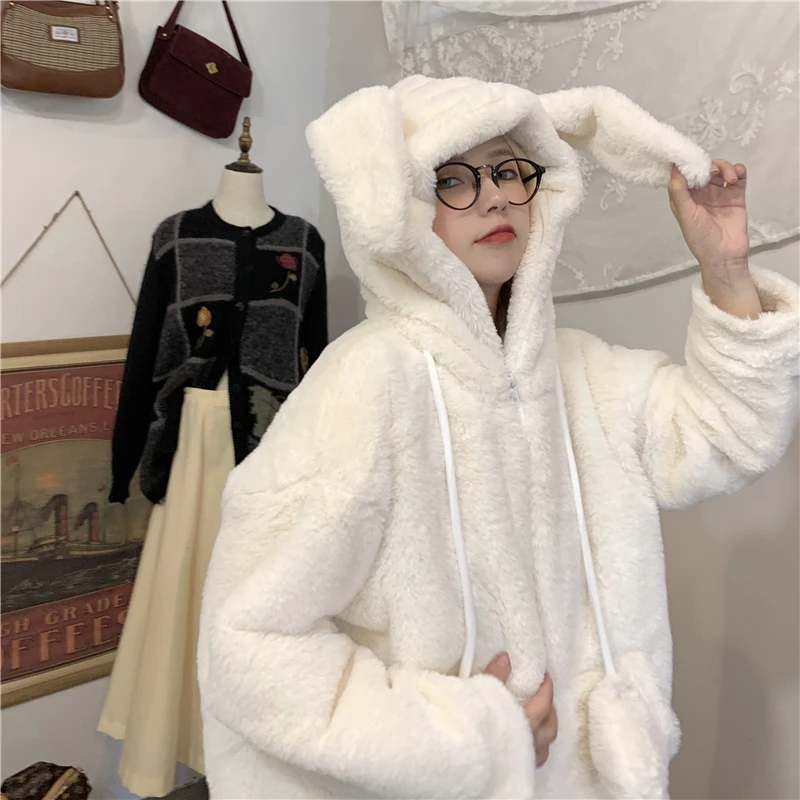 

Japanese Kawaii Rabbit Ear Hooded Coat For Girls 2020 Winter New Harajuku Plus Velvet Zipper Jacket Cute Fake Fur Outwear Female