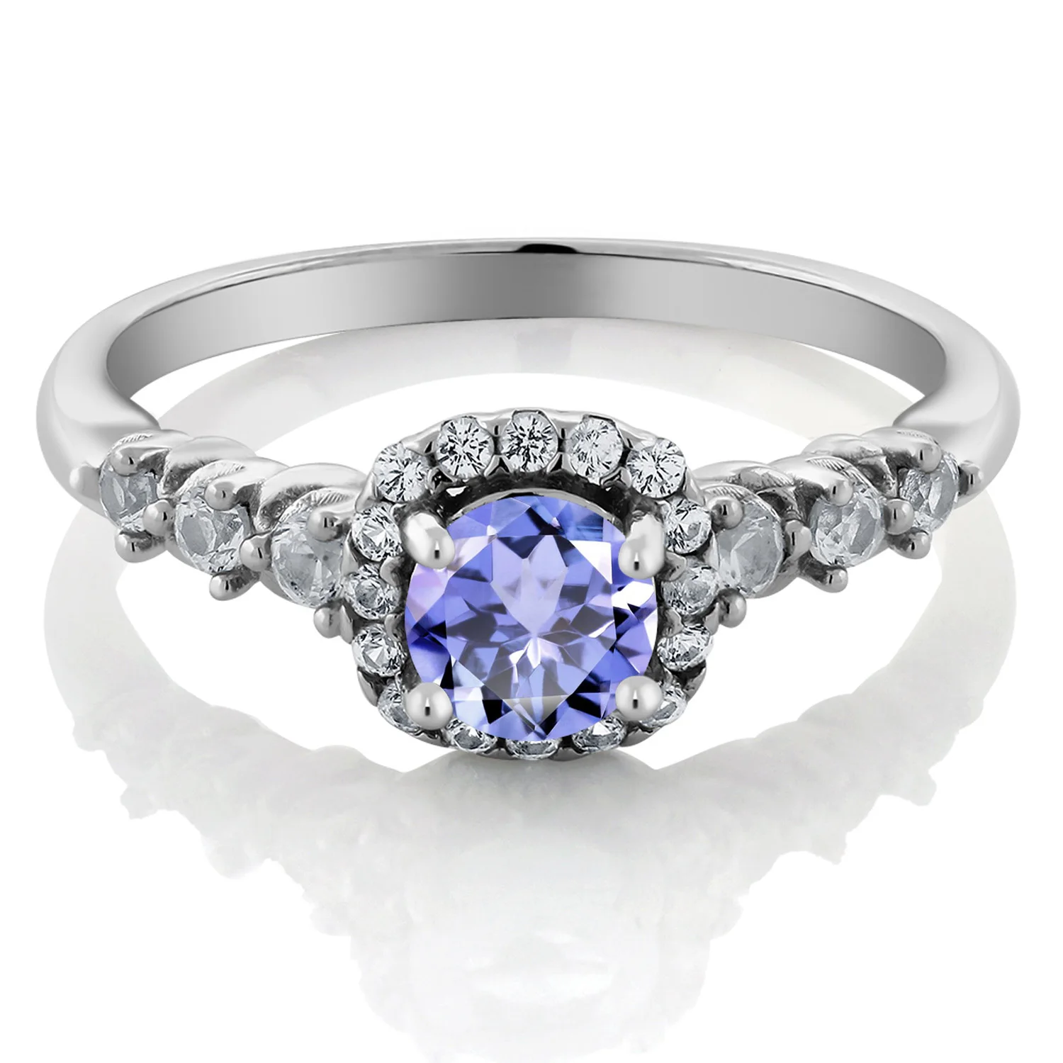 GemStoneKing 925 пробы серебряные кольца для женщин 0,88 карат круглый натуральный голубой танзанит белый топаз Обручальное кольцо