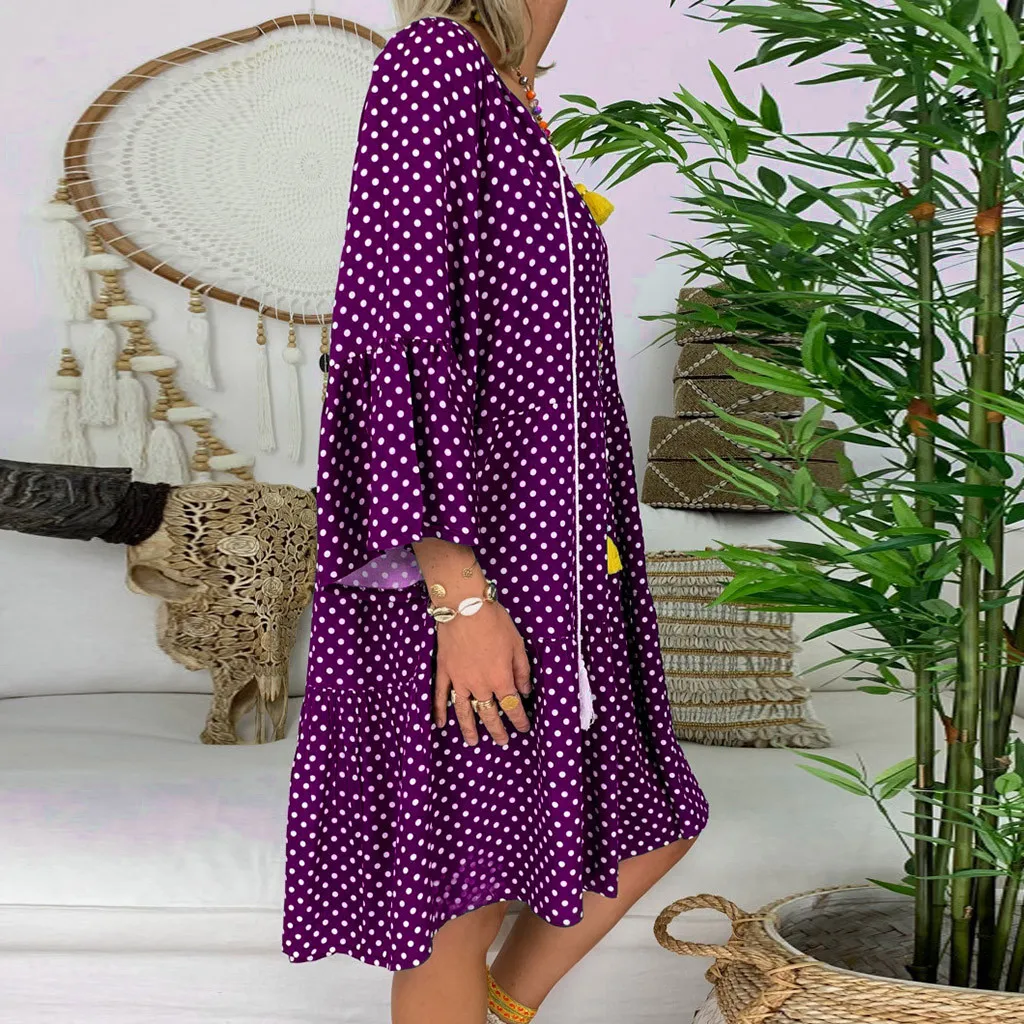 Boho женское платье, женское свободное платье в горошек, рукав три четверти, мини платье, летнее платье, v-образный вырез, вечерние, Клубная туника, Пляжное Платье# G7