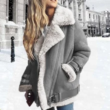 Женская куртка, Женская замшевая куртка с отворотом и пряжкой, крутая куртка пилота, искусственная овечья шерсть, мотоциклетная куртка, Женское пальто