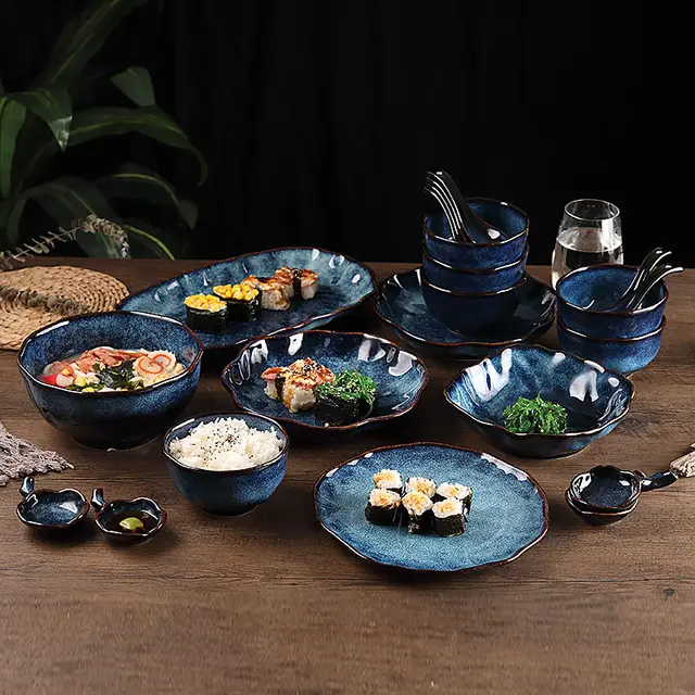 Japán Retro Kerámia Tálház Háztartási Asztali Edények High-End Kemencék Máz Rizs Tál Tányér Kék Csillag Készlet - Image 4