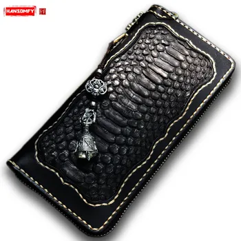 

Handmade Snakeskin Men's Long Genuine Leather Wallet Zipper Bag Vintage Large Capacity Hand Bag First Layer Leather Wallets Men
