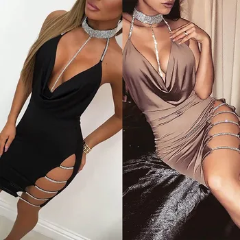 

Womens Sexy Deep V Neck Halter Backless Choker Slit Sequin Bodycon Nightclub Hollow Mini Party Dresses Mini Dress#45