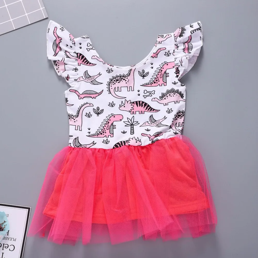 2018 Cute Dinosaur Dress Flutter Sleeve Girls Dress Princess Pink Tutu Summer Dress Kids