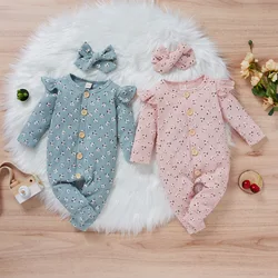 Combinaison décontractée à manches longues pour bébés filles, imprimé à la mode, simple boutonnage, col rond, barboteuse longue 