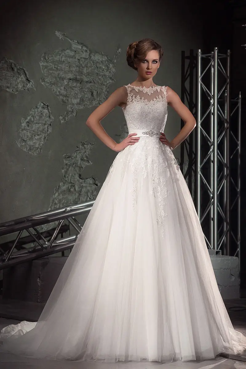 Vestido De Noiva A-Line Кружева аппликация Пояса с кристаллами прозрачные сзади Свадебное Платье