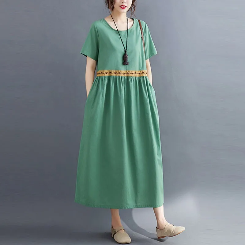 Women Cotton Linen Long Dress New Arrival 2021 Summer Simple Style O