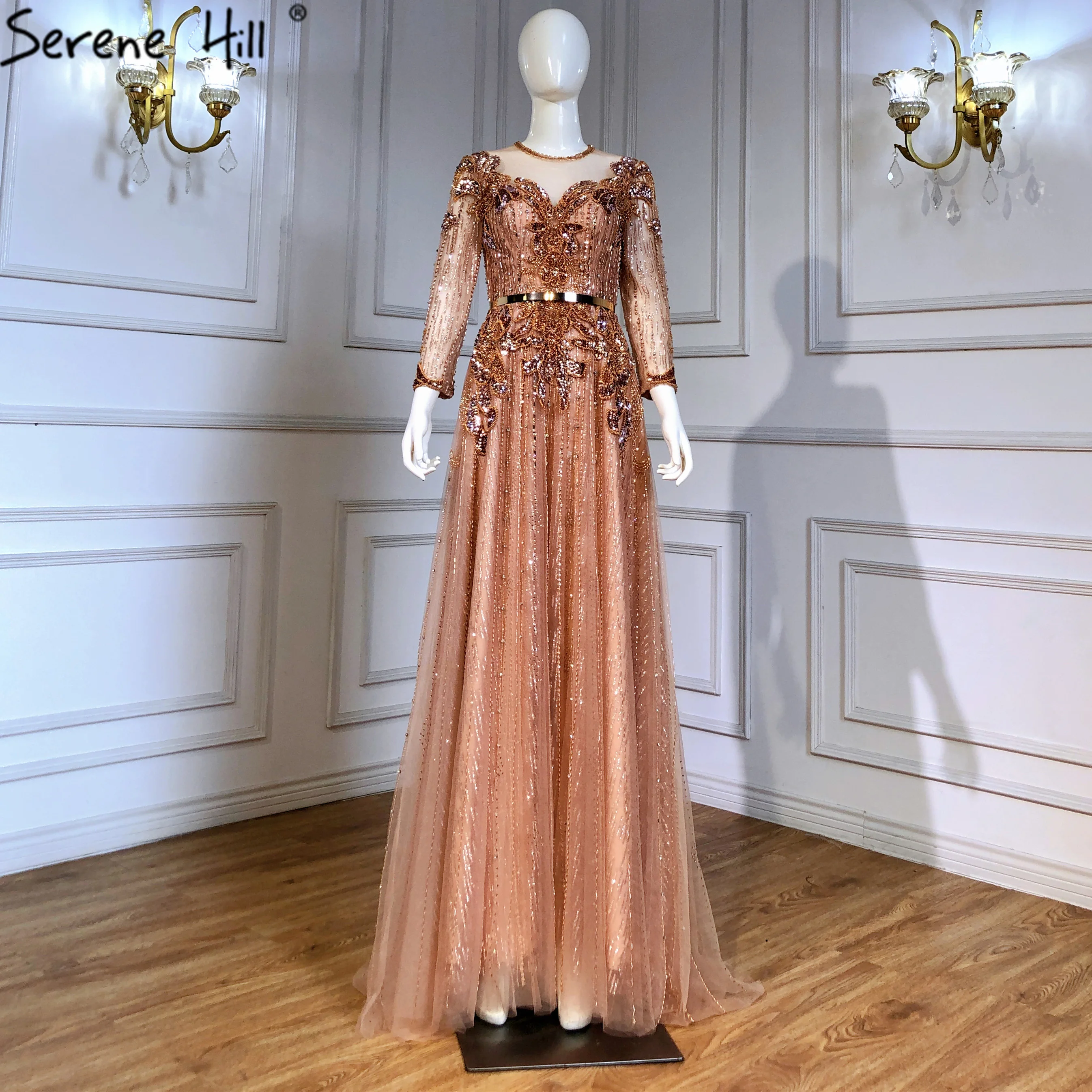 rose gold muslimah dress Customized(can Not Refund) Blush Rose Gold Long Sleeve Evening Dresses For Women Wear Lace Appliques Crystal Abiye Dubai Caftan Muslim Prom Party