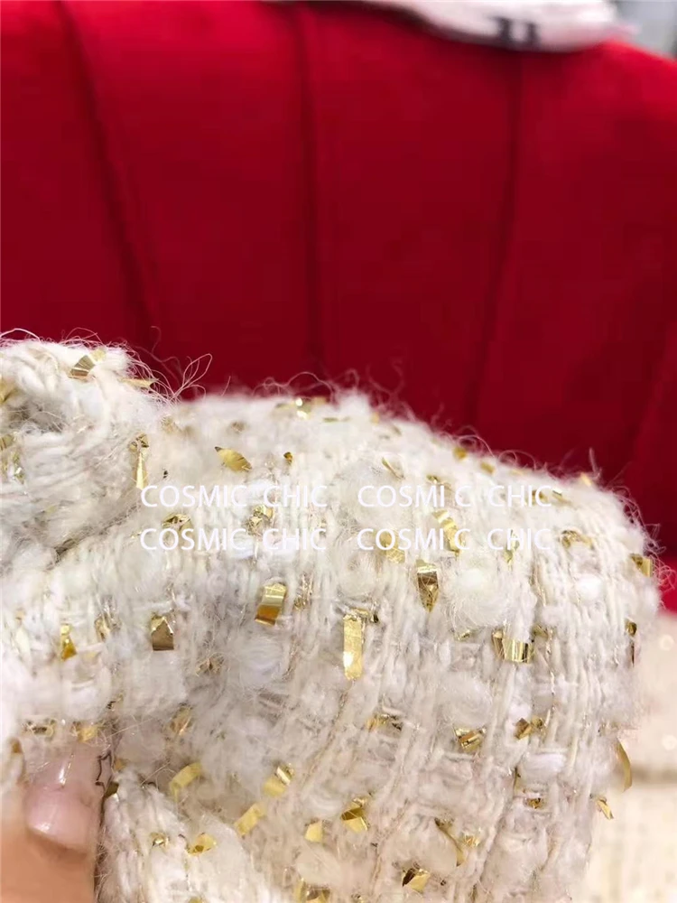 Cosmicchic Женская Осенняя элегантная белая короткая куртка Роскошная шерстяная твидовая куртка с длинными рукавами и золотым плетением нитей OL Женская куртка