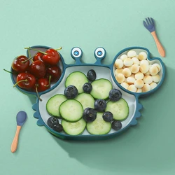 Baby Bowls Plates Spoons Silicone Suction Feeding Food Tableware BPA Free Non-Slip Baby Dishes Crab Food Feeding Bowl for Kids