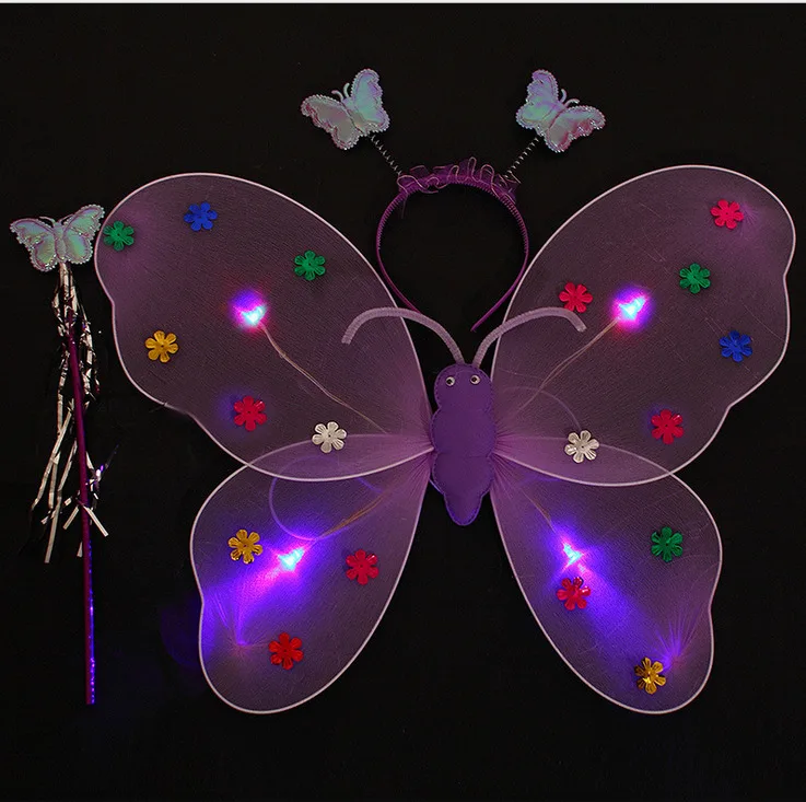 Фиолетовый Pudcoco 3pcs Set Led Flashing Light Kid Girl Costume Set Butterfly Wings Wand Headband - Цвет: Фиолетовый