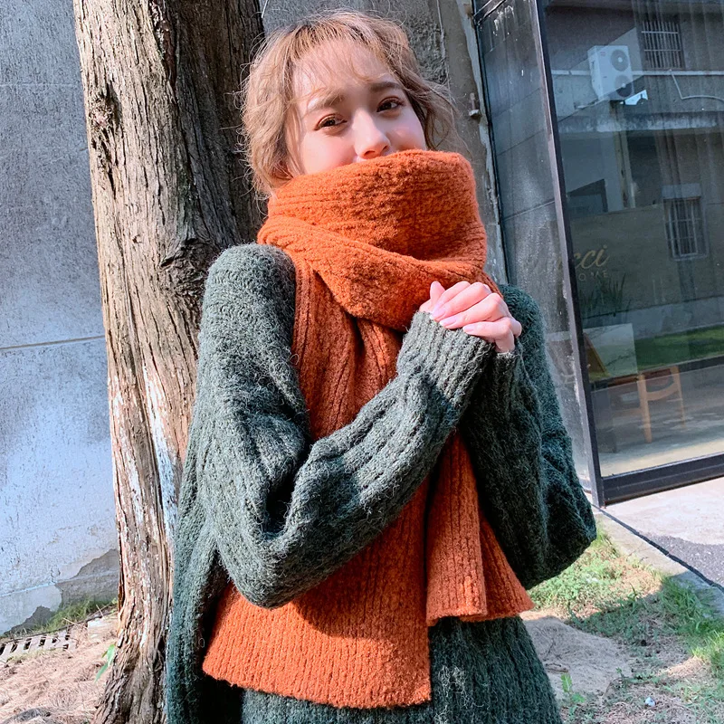 Мягкий толстый зимний теплый оранжевый женский шарф, однотонный вязаный женский шарф, женские шарфы, женские зимние теплые женские аксессуары
