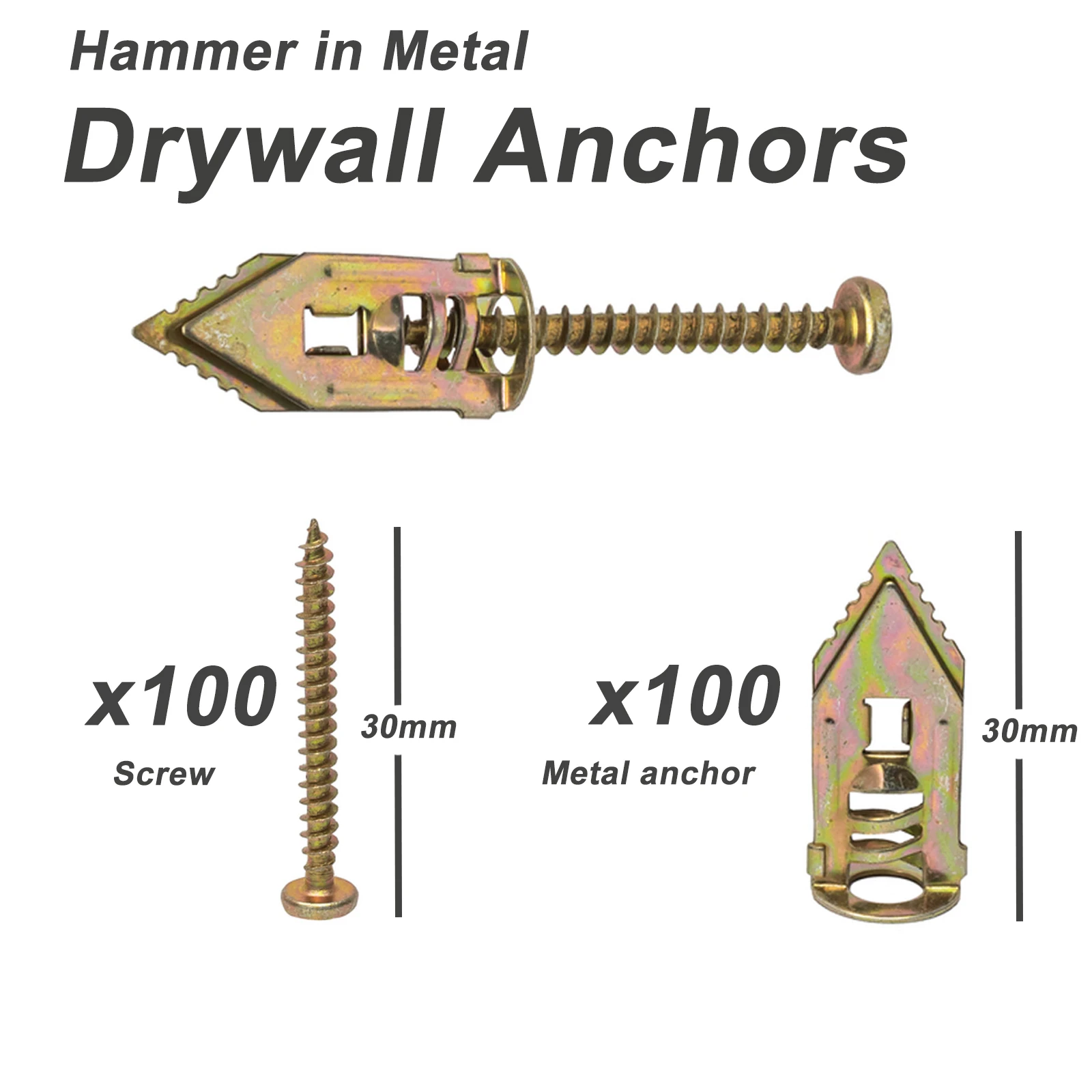 Hammer In Metal Drywall Anchors 10x30mm With Self Tapping Screws Kit