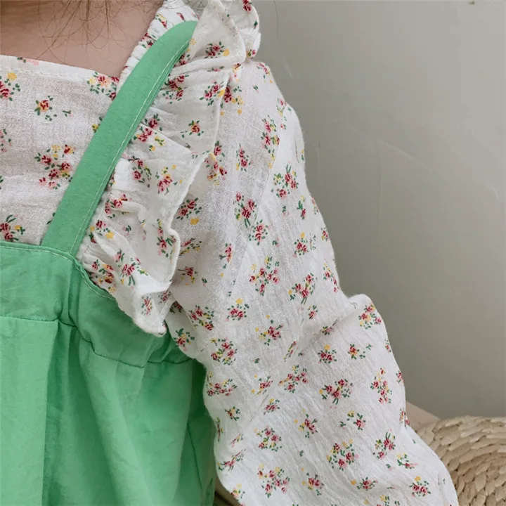 Monkey Duo/Новинка года; сезон осень; детская рубашка с цветочным рисунком и оборками из Южной Кореи; рубашка с длинными рукавами для девочек