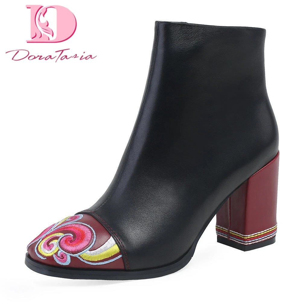 

Doratasia Brand Design Large Size Luxury Genuine Leather Lady High Heels Embroider Shoes Woman Party Ankle Boots Women Shoes