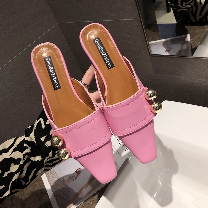 Металлические тапочки с квадратным носком; Летняя обувь без задника; Женская однотонная обувь на плоской подошве; Короткие повседневные вьетнамки - Цвет: Розовый