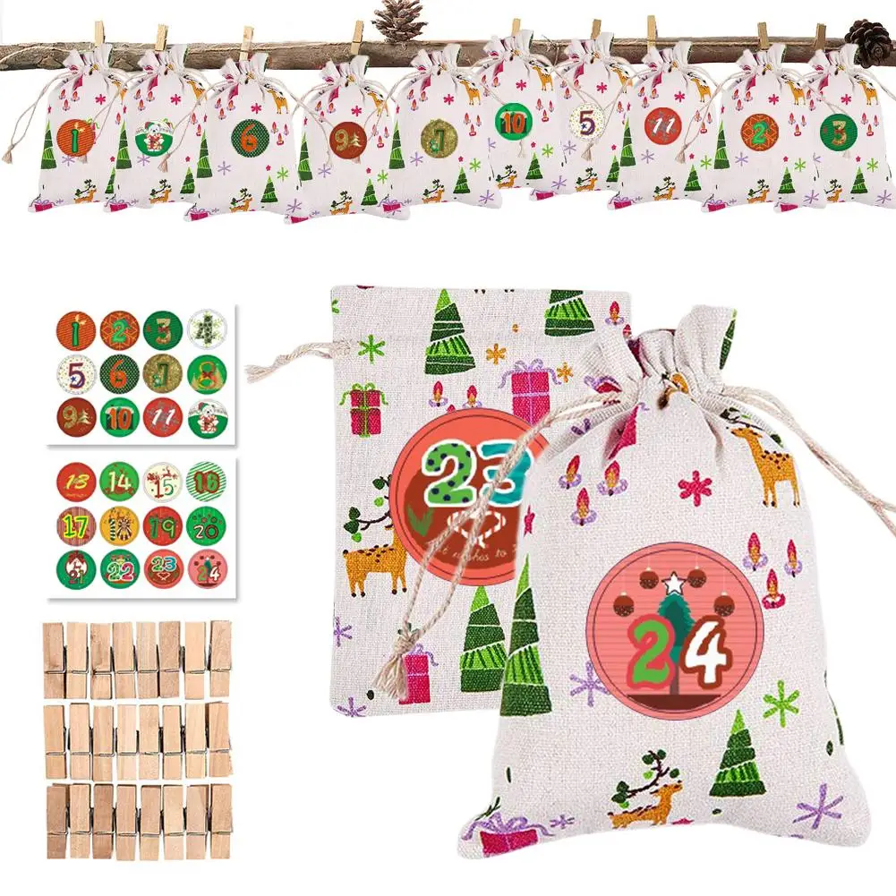 

24pcs Christmas Gift Candy Bags Xmas Calendar Countdown Bag Candy Storage Pouch DIY Christmas Advent Calendar Fabric Bag
