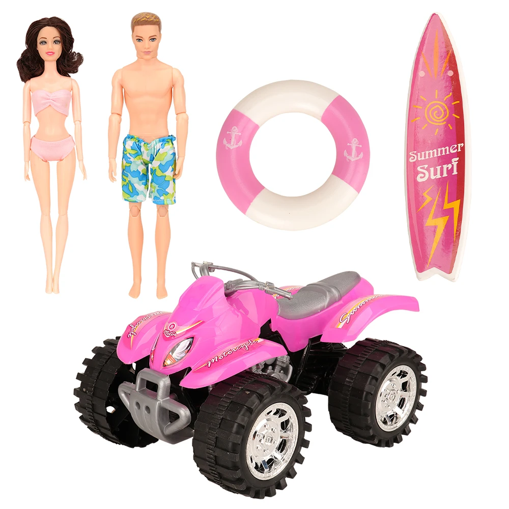 

Newest fashion 7 items /set=2 dolls+1 ring+1 surfboard+1 ATV toy auto+1 swimsuit +1 pant for barbie ken dolls best gift DIY