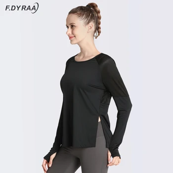 F DYRAA 2021 New Net Yarn Patchwork Shirt Women Sports Long Sleeve T Shirts Quick