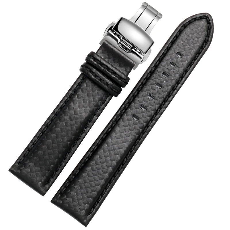 Men's Carbon Fiber Watch Strap with Red Stitching and Leather Lining, Stainless Steel Clasp
