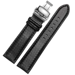 Men's Carbon Fiber Watch Strap with Red Stitching and Leather Lining, Stainless Steel Clasp - 20mm black clasp (Black deploy clasp)