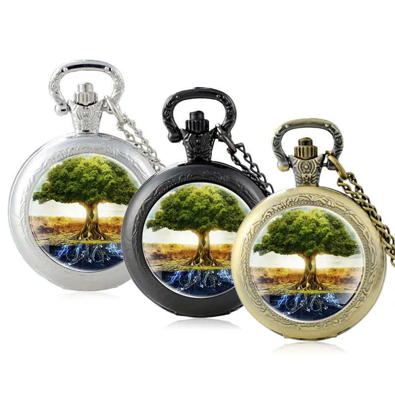 

Classic Fashion The Tree of Life Design Glass Cabochon Quartz Pocket Watch Vintage Men Women Pendant Necklace Chain Clock