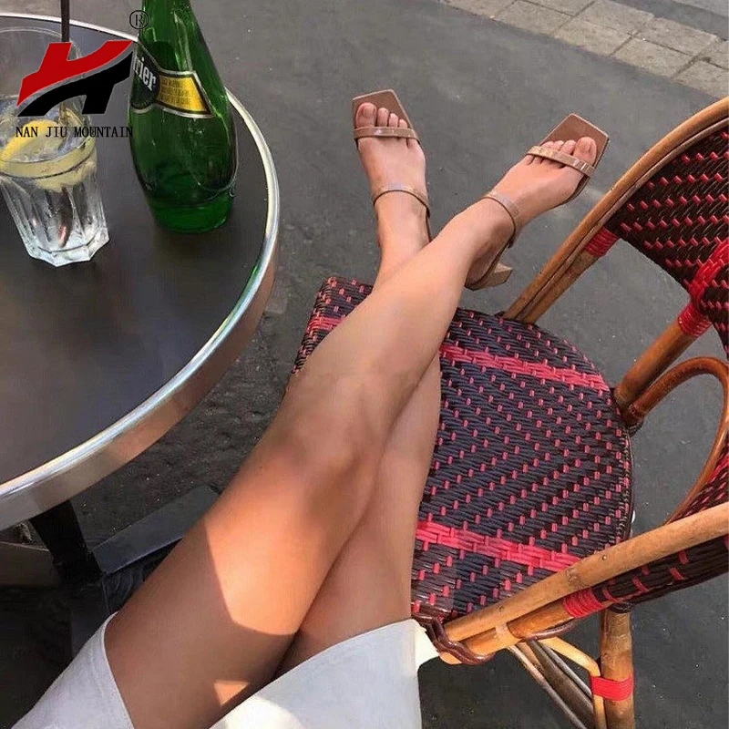 

Summer fashion simple wild women's sandals Square head thick high heel PU leather sandals Solid color Plus Size Women Shoes