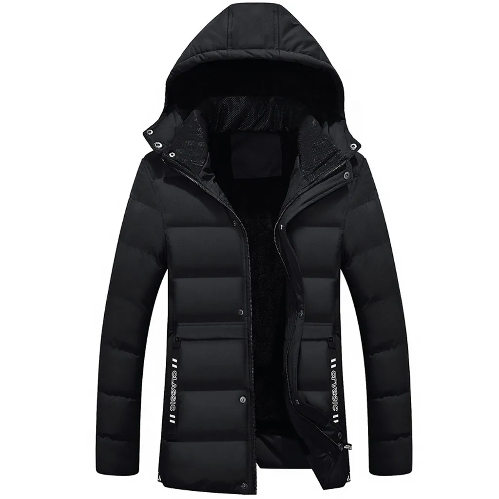 Casaco masculino утолщенная Длинная зимняя куртка для мужчин с капюшоном Повседневная однотонная мужская одежда пальто на молнии с карманом - Цвет: Черный