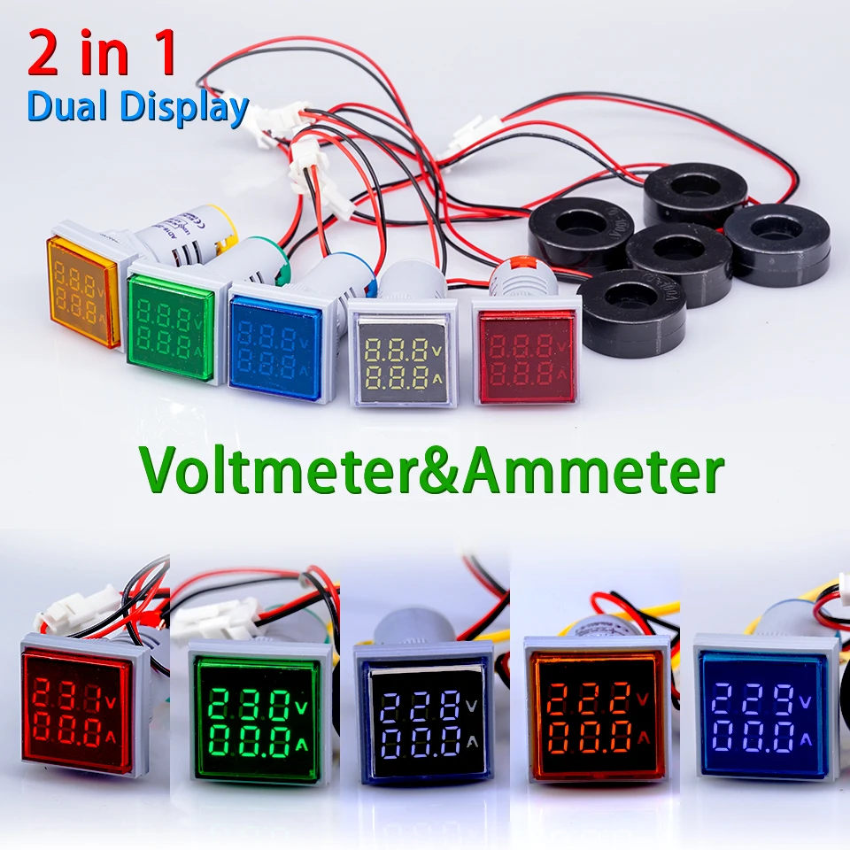 Amperímetro con pantalla LED Digital Dual, medidor de voltaje, módulos de corriente, luz indicadora, CA de 22mm, 60-500V, 0-100A