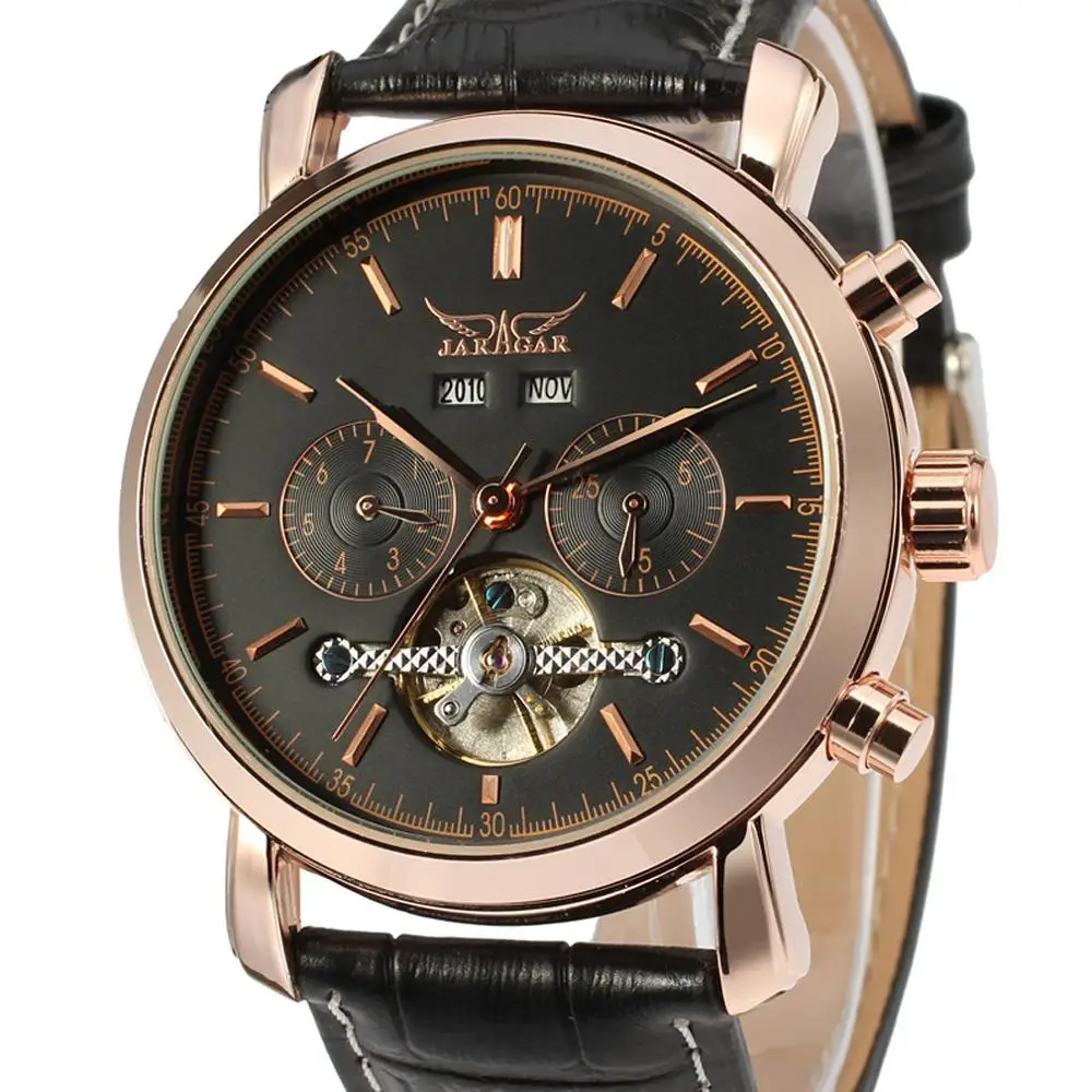 JARAGAR Черный Полный календарь Tourbillion Дисплей Кожа модные повседневные мужские механические Автоматические часы лучший бренд роскошные часы - Цвет: 3