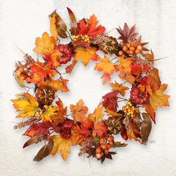 

Artificial Maple Leaves Pumpkin Wreath Flower Garland Autumn Thanksgiving Day Halloween Front Door Wall Hanging Decoration