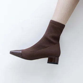 

2018 Autumn Square Toe Patent Leather Knitting Elastic Stretch Medium Chunky Heels Ankle Short Boots Women Shoes Brown